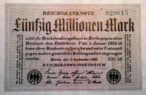 Eine Reichsbanknote mit 50-Millionen Mark